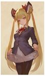  black_legwear blazer blonde_hair bow bowtie closed_mouth collared_shirt double_bun expressionless hair_ribbon head_tilt jacket long_hair luna_(shadowverse) n.a. pantyhose red_bow red_neckwear red_ribbon ribbon school_uniform shadowverse shirt skirt_hold solo twintails very_long_hair white_shirt wing_collar yellow_eyes 