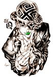  bad_id bad_pixiv_id bowler_hat from_above gloves green_lipstick hat hat_over_one_eye hatching_(texture) jojo_no_kimyou_na_bouken kira_yoshikage kotteri lipstick makeup male_focus monochrome signature smile solo spot_color upper_body 