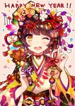  1girl ;d animal ball bangs bell blunt_bangs boar brown_hair crown dice dice_hair_ornament ema food_themed_hair_ornament gold hagoita hair_ornament hair_ribbon hair_stick hanetsuki happy_new_year highres japanese_clothes jingle_bell kimono koban_(gold) long_sleeves looking_at_viewer multicolored multicolored_nails nail_polish neck_ribbon new_year obi one_eye_closed open_mouth original outline paddle pink_background print_kimono red_ribbon ribbon rope round_teeth sash shimenawa short_hair simple_background smile solo spinning_top tareme tassel teeth temari_ball upper_body upper_teeth user_fvsd2278 white_outline wide_sleeves yellow_eyes yellow_kimono 