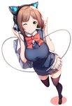  animal_ears axent_wear black_legwear breasts brown_hair cat_ear_headphones cat_ears full_body green_eyes headphones highres idolmaster idolmaster_cinderella_girls kouda_hayato_(e-gis) looking_at_viewer maekawa_miku medium_breasts one_eye_closed pleated_skirt school_uniform short_hair skirt solo thighhighs 