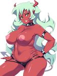  armpits belly breasts collar fangs green_hair grin hand_on_hip highres horns large_breasts long_hair looking_at_viewer md5_mismatch moisture_(chichi) navel nipples panty_&amp;_stocking_with_garterbelt plump red_skin scanty_(psg) simple_background smile solo thick_thighs thighs topless white_background 