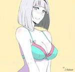  anna_nishikinomiya artist_name bare_shoulders blue_eyes blush bra breasts cleavage drooling highres j_adsen large_breasts shimoneta_to_iu_gainen_ga_sonzai_shinai_taikutsu_na_sekai simple_background solo underwear yellow_background 