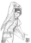  2016 absurdres artist_name belt bracelet fedora glasses graphite_(medium) greyscale hand_on_own_head hat hatching_(texture) highres jacket jewelry jojo_no_kimyou_na_bouken joseph_joestar_(young) male_focus maya_panda monochrome one_eye_closed pose ring solo star traditional_media watermark 