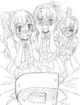  3girls ahoge blush bow breath closed_eyes covering_eyes crying embarrassed excited greyscale headband heart heart-shaped_pupils hisakawa_chin idolmaster idolmaster_cinderella_girls igarashi_kyouko kohinata_miho long_hair monochrome multiple_girls one_side_up open_mouth p-head_producer peeking peeking_through_fingers pink_check_school shimamura_uzuki short_hair side_ponytail staring sweat symbol-shaped_pupils white_background 