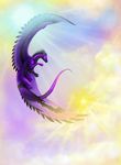  aaros_(artist) ambiguous_gender claws day detailed_scales dragon feathered_dragon feathered_wings feathers feral flying nude outside purple_feathers purple_scales scales sky wings 