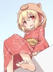  1girl alternate_costume animal_hood barefoot blonde_hair blue_background commentary_request fang feet hair_between_eyes hair_ribbon hood japanese_clothes kimono looking_at_viewer natsu_no_koucha obi open_mouth red_eyes red_kimono red_ribbon ribbon rumia sash short_hair sitting sketch smile solo touhou 