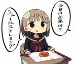  black_eyes brown_hair can canned_food character_request commentary desk kanikama long_sleeves neckerchief original school_desk school_uniform short_hair sitting solo speech_bubble surstromming translated 