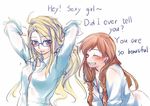  alternate_hairstyle anna_(frozen) arms_up bent_over blonde_hair blue_eyes blush braid brown_hair collared_shirt commentary dress_shirt elsa_(frozen) english frozen_(disney) glasses grin hair_down hair_tie incest mouth_hold multiple_girls pin.s shirt siblings sisters sketch smile sweatdrop twin_braids white_background yuri 