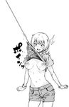  1girl absurdres assisted_exposure bangle blush bracelet breasts cowboy_shot ebisumaru_(ebisumaru3) fishing_hook fishing_line greyscale highres jewelry medium_breasts monochrome navel nipples open_mouth original outstretched_wrists shaded_face shirt_lift short_hair short_sleeves shorts solo sweat watch wristwatch 
