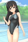  arena_(company) black_eyes black_hair black_swimsuit competition_swimsuit day girls_und_panzer highres isuzu_hana long_hair one-piece_swimsuit pool solo standing swimsuit takafumi 