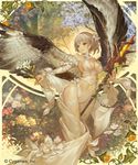  bare_shoulders blush breasts brown_eyes brown_hair brown_wings cleavage company_name detached_collar flower freya_(shingeki_no_bahamut) holding holding_flower holding_staff medium_breasts n.a. parted_lips shingeki_no_bahamut shirt short_hair silhouette sleeveless sleeveless_shirt solo staff watermark white_shirt wings 