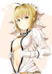  :q ahoge bad_id bad_nicoseiga_id bangs belt blonde_hair bodysuit breasts bridal_veil brown_background center_opening chain cleavage eyebrows eyebrows_visible_through_hair fate/extra fate/extra_ccc fate_(series) flower gloves green_eyes heart leaf lock looking_at_viewer medium_breasts mugipot navel nero_claudius_(bride)_(fate) nero_claudius_(fate)_(all) padlock smile solo tongue tongue_out two-tone_background unzipped upper_body veil white_background white_bodysuit white_flower white_gloves 
