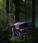  aaros_(artist) amazing_background ambiguous_gender black_feathers black_scales detailed_background digitigrade dragon duo feathered_dragon feathered_wings feathers feral forest green_eyes membranous_wings nude plant purple_feathers scales smile standing tree wings 