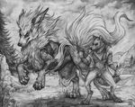  4_toes 5_fingers anthro black_nose canine claws clothed clothing detailed detailed_background digitigrade duo feral fur grass greyscale hair mammal monochrome nude outside shinigamigirl simul sky toes traditional_media_(artwork) 