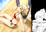  beach bikini blonde_hair bol_(liliymimi) breasts clarent cleavage fate/apocrypha fate/grand_order fate_(series) green_eyes grin long_hair looking_at_viewer medium_breasts mordred_(fate) mordred_(fate)_(all) mordred_(swimsuit_rider)_(fate) navel ponytail prydwen red_bikini sand side-tie_bikini smile surfboard swimsuit thighs 