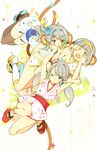  3girls :/ animal_ears anklet arms_up beamed_eighth_notes blush brown_eyes closed_eyes collarbone covering_another's_eyes covering_ears covering_eyes covering_mouth directional_arrow eyebrows eyebrows_visible_through_hair flower geta green_eyes grey_hair hair_flower hair_ornament hairband heart heart_print japanese_clothes jewelry kimono kimono_skirt kneehighs long_hair looking_at_another low_twintails monkey_ears monkey_tail multiple_girls musical_note musical_note_print no_socks number one_eye_closed open_mouth original sandals short_kimono sleeveless sleeveless_kimono sparkle sparkle_print star tail three_monkeys twintails v-shaped_eyebrows white_legwear zpolice 