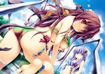  ankle_ribbon arms_behind_back ass back bangs barefoot bikini blue_sky blunt_bangs blush breasts cloud condensation_trail crescent crescent_hair_ornament day demon_tail demon_wings dutch_angle eyes_visible_through_hair from_below gradient_bikini hair_ornament hair_ribbon kai_yuuki koakuma lavender_eyes lavender_hair long_hair looking_at_viewer medium_breasts multiple_girls navel nose_blush outdoors parted_lips patchouli_knowledge pool red_eyes ribbon side-tie_bikini sky soles striped_bikini_top swimsuit tail thighs touhou tree tress_ribbon underboob water wet wings 
