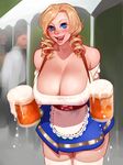  alcohol bare_shoulders beer blonde_hair blouse blue_eyes blue_skirt breasts cleavage commentary covered_nipples dirndl drill_hair freckles german_clothes highres huge_breasts kairuhentai leaning_forward long_hair looking_at_viewer md5_mismatch miniskirt nipples no_bra off_shoulder oktoberfest open_mouth original see-through skindentation skirt smile solo thighhighs thighs underbust white_blouse white_legwear zettai_ryouiki 