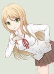  :p blonde_hair danganronpa danganronpa_3 green_eyes grey_background hand_on_hip kotomiracle kuzuryuu_natsumi long_hair pleated_skirt ribbon school_uniform simple_background skirt smile solo tongue tongue_out 