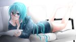  1girl aqua_eyes aqua_hair artist_request barefoot blush book couch female glasses hatsune_miku long_hair shi_yu solo vocaloid 