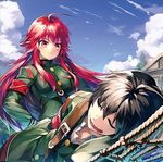  1girl black_hair closed_eyes day hand_on_hip ikuta_sorouku long_hair lowres lying military military_uniform official_art on_side open_mouth outdoors red_eyes red_hair sanbasou sleeping tenkyou_no_alderamin uniform yatorishino_xam 