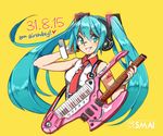  aqua_eyes aqua_hair commentary dated electric_guitar guitar happy_birthday hatsune_miku headphones headset instrument keytar long_hair nail_polish necktie sami_briggs sleeveless solo tattoo twintails upper_body very_long_hair vocaloid watermark wrist_cuffs yellow_background 