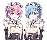  blue_hair breastless_clothes breasts breasts_outside detached_sleeves hair_ornament hair_over_one_eye hair_ribbon looking_at_viewer maid maid_headdress medium_breasts multiple_girls nipples pink_hair ram_(re:zero) re:zero_kara_hajimeru_isekai_seikatsu rem_(re:zero) ribbon serakoutarou short_hair siblings sisters small_breasts smile twins wide_sleeves x_hair_ornament 