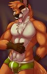  2016 abs anthro black_fur bulge canine clothing eyes_closed fcsimba fox fur male mammal mrfoxees muscular muscular_male orange_fur simple_background smile solo tongue underwear white_fur 