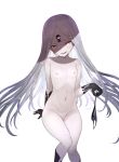  1girl abigail_williams_(fate/grand_order) black_gloves black_panties collarbone fate/grand_order fate_(series) flat_chest gloves head_tilt holding holding_panties keyhole long_hair looking_at_viewer matanonki navel nipples no_hat no_headwear nude pale_skin panties panties_removed pussy red_eyes ribs sharp_teeth silver_hair simple_background sitting smile solo teeth third_eye underwear very_long_hair white_background 