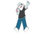  alpha_channel anthro barefoot belt blush buckteeth clothed clothing flat_colors fully_clothed hair hair_over_eye jeans kaptcha lagomorph looking_at_viewer male mammal open_mouth pants rabbit shirt signature simple_background solo t-shirt teeth transparent_background waving 