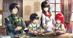  2girls black_hair brown_eyes collarbone eating grin highres ikuta_sorouku indoors long_hair military military_uniform multiple_boys multiple_girls novel_illustration official_art open_mouth red_eyes red_hair rice sanbasou sitting smile tenkyou_no_alderamin uniform yatorishino_xam 