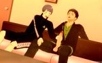  2boys 3d beauty_mark black_hair blue_eyes blush clothed cum erection free! grey_hair kaitopics masturbation multiple_boys nitori_aiichirou open_fly penis school_uniform tagme yamazaki_sousuke yaoi 