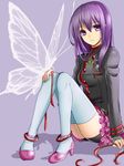  arm_support bike_shorts black_order_uniform black_shorts bug butterfly d.gray-man fj81l frilled_skirt frills hair_between_eyes hand_on_own_knee insect lenalee_lee long_hair looking_at_viewer pink_skirt purple_eyes purple_hair red_ribbon ribbon shorts shorts_under_skirt simple_background skirt solo thighhighs uniform white_legwear 