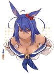  animal_ears bare_shoulders bent_over bikini_tan blue_hair breasts cleavage collarbone eyebrows_visible_through_hair hair_between_eyes hair_ornament hairclip hands_on_hips hanging_breasts highres hishi_amazon large_breasts no_bra red_eyes sailor_collar scrunchie solo tan tanline thomasz umamusume upper_body 