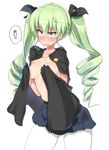  anchovy anzio_school_uniform bangs blush bow breasts brown_eyes cape covering covering_breasts drill_hair frown full-face_blush girls_und_panzer green_hair hair_bow long_hair mamo_williams medium_breasts open_mouth pantyhose pleated_skirt skirt solo standing topless translation_request twin_drills white_background white_legwear 