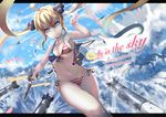  absurdres ahoge aircraft airplane albacore_(zhan_jian_shao_nyu) american_flag_bikini arm_up bikini blonde_hair blue_eyes blue_sky breasts cannon closed_mouth cloud commentary_request day english explosion flag_print hair_between_eyes highres holding holding_weapon john_(510490061) letterboxed looking_at_viewer machinery navel outdoors outside_border side-tie_bikini sky small_breasts solo swimsuit text_focus torpedo twintails water waves weapon zhan_jian_shao_nyu 