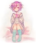  1girl aran_sweater bangs collarbone cup doki_doki_literature_club expressionless eyebrows_visible_through_hair full_body hair_between_eyes hair_ornament hair_ribbon hairclip holding holding_cup looking_at_viewer midair_(rkgkefr) mug natsuki_(doki_doki_literature_club) pink_eyes pink_hair ribbon short_hair sitting socks solo steam striped striped_legwear sweater two_side_up white_sweater 