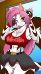  abs anthro bangs big_breasts blush bottomless breasts chest_tuft cleavage clothed clothing detailed_background feline female fur gloves green_eyes hair headphones isabella_kane long_hair looking_at_viewer mammal markings mastergodai miniskirt pink_hair pink_nose rascals skirt smile solo stripes tiger tuft white_fur white_tiger 