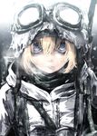  blonde_hair blue_eyes cover cover_page goggles goggles_on_head helmet highres looking_at_viewer neichiru novel_cover official_art ringed_eyes short_hair solo tanya_degurechaff upper_body youjo_senki 