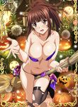  1girl between_legs black_legwear breasts broom broom_riding brown_eyes brown_hair cleavage ikkitousen jack-o&#039;-lantern large_breasts long_hair panties ponytail solo thighhighs torn_clothes torn_thighhighs yagyu_mitsuyoshi 