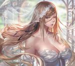  bare_shoulders blonde_hair blurry breasts bridal_veil bride cleavage depth_of_field detached_sleeves dress gtunver hair_ribbon half-closed_eyes kiss-shot_acerola-orion_heart-under-blade large_breasts long_hair monogatari_(series) pointy_ears revision ribbon solo veil wedding_dress white_feathers yellow_eyes 
