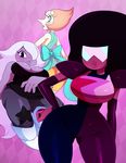  alien amethyst_(steven_universe) breasts cartoon_network cleavage clothed clothing eyewear garnet_(steven_universe) gem_(species) hair hair_over_eye pearl_(steven_universe) purple_skin ribbons slightly_chubby species(alien) sssonic2 steven_universe sunglasses thick_thighs 