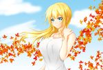  blonde_hair blue_eyes breasts clouds kazuu_(pixiv) leaves sky wind-swept_hair 