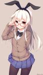  alternate_costume arm_behind_back bespectacled black_bow black_legwear black_neckwear blonde_hair blue_skirt blush bow bowtie buttons cardigan downscaled glasses glasses_day grey_eyes hairband hand_on_eyewear kantai_collection katoroku light_brown_background long_hair long_sleeves md5_mismatch miniskirt pantyhose pleated_skirt red-framed_eyewear resized shimakaze_(kantai_collection) simple_background skirt smile solo twitter_username 