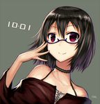  bare_shoulders black_hair choker dated gia glasses looking_at_viewer original red_eyes semi-rimless_eyewear short_hair signature simple_background smile solo upper_body 