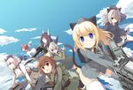  animal_ears artist_request blonde_hair blue_eyes brown_eyes character_request cloud cloudy_sky constantia_cantacuzino day elfriede_schreiber green_eyes grete_m_gollob grey_hair hair_over_one_eye hanna_rudel helma_lennartz holding holding_weapon inufusa_yuno long_hair multiple_girls nishizawa_yoshiko open_mouth panties short_hair sky tail underwear weapon white_panties world_witches_series 