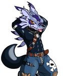  anthro biceps canine clothed clothing cute_fangs digimon dog front_view fur looking_at_viewer male mammal muscular naughty_face pecs pinup pose rubber simple_background solo soukouryu standing stripes teeth tongue tongue_out weregarurumon white_fur wolf 