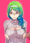  breasts cleavage_cutout cum cum_in_clothes glasses green_hair hairband kairos+ large_breasts long_hair looking_away meme_attire nervous_smile open-chest_sweater original penis penis_under_clothes red_eyes ribbed_sweater side_cutout sideboob solo_focus sweat sweater turtleneck upper_body wavy_mouth 