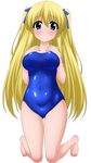  absurdres barefoot blonde_hair blue_eyes blush competition_school_swimsuit covered_navel covered_nipples dutch_angle hair_ribbon highres kneeling long_hair one-piece_swimsuit original ribbon school_swimsuit solo sugimura_tomokazu swimsuit 