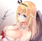  bare_shoulders blonde_hair blue_eyes braid breasts cleavage crown england english_flag french_braid gradient gradient_background hairband jewelry kantai_collection large_breasts long_hair mini_crown necklace neneru off_shoulder revision solo union_jack united_kingdom warspite_(kantai_collection) 